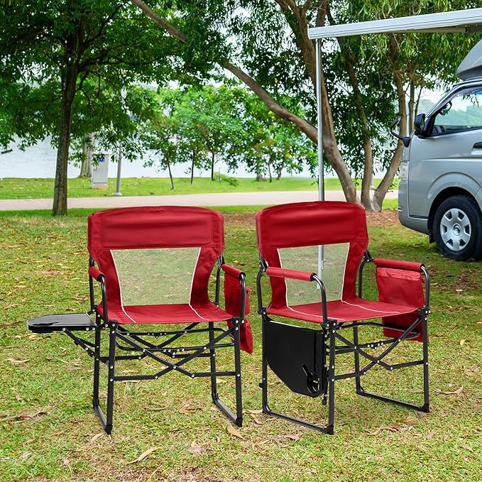 Folding Camping Directors Chair Portable Foldable Outdoor Chair with Built-in Cup Holder Side Table Storage Pocket for Beach Tailgating Fishing Trip Picnic Concert Red