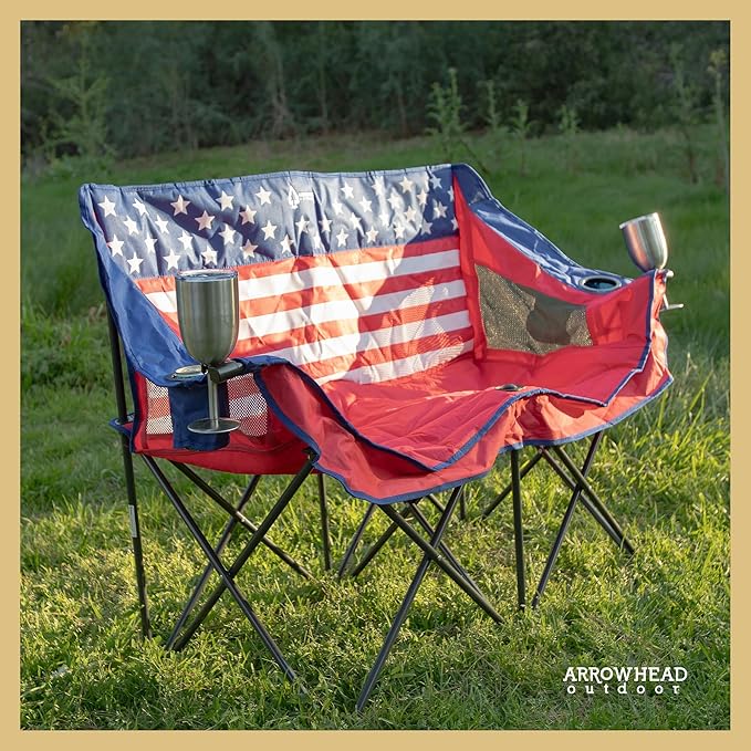 ARROWHEAD OUTDOOR 2-Pack Portable Folding Camp Loveseat Chair w/Glass &amp Cup Holders Heavy Duty Carry Bag 650 lbs Weight Capacity