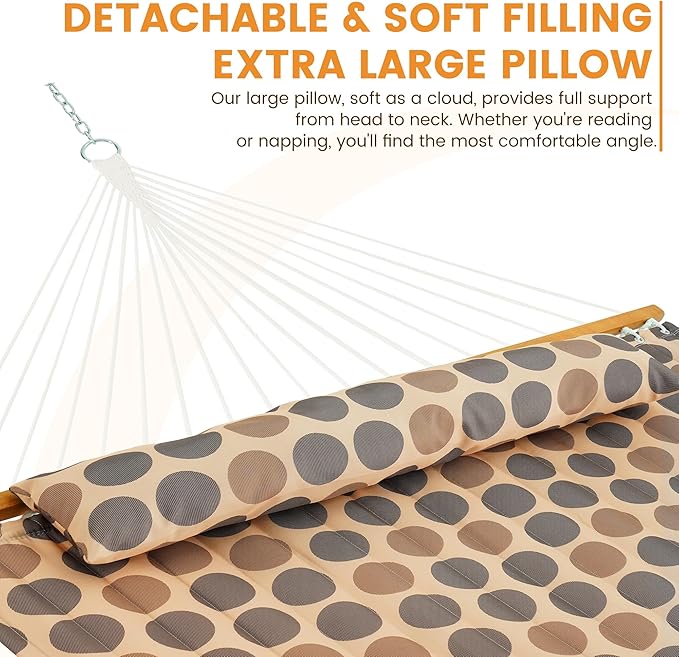 Lazy Daze Hammocks 12FT Quilted Fabric Hammock with Soft Pillow Double 2 Person Tree Hammock with Spreader Bar for Outside Patio Poolside Backyard Beach 450 lbs Capacity Amber Dots