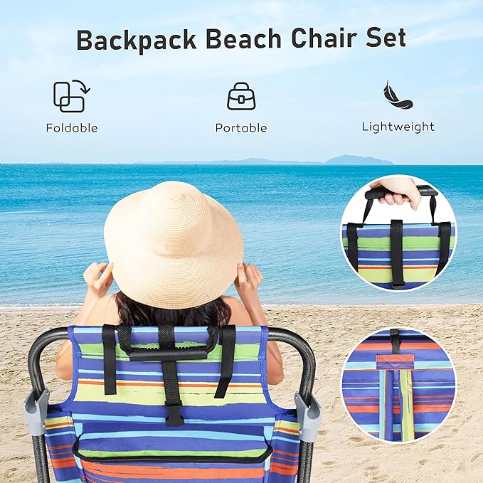 BlueWish Backpack Beach Chair 2 Pack Beach Chairs for Adults with Water-Resistant Storage Bag Oxford Fabric 5 Adjustable Position Folding Beach Chair for Poolside Garden Backyard