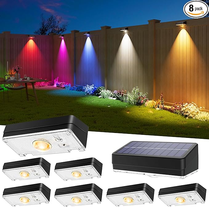 Solar Fence Lights Outdoor 8 Pack 50LM Ultra Bright 3 Color Temperatures &amp RGB IP65 Waterproof Dusk-to-Dawn Solar Powered Fence Lights for Patio Railing (Black)