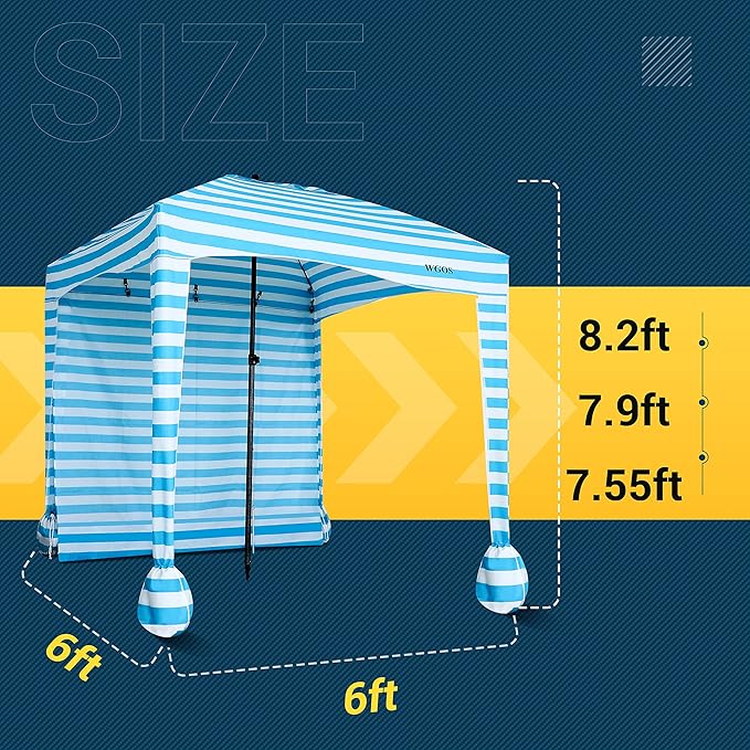 Beach Tent Beach Canopy Beach Cabana with One Side Detachable Cover Large Space 6ftx6ft Waterproof and UPF UV 50+++ Sun Protection for Beach Lake Outdoor Camping Beach Umbrella (Blue Stripe)