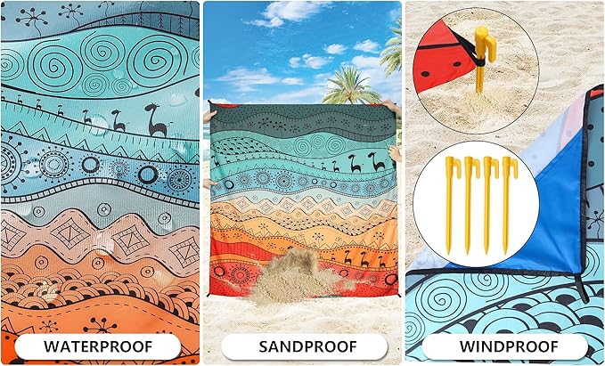 Beach Blanket Waterproof Sandproof Extra Large Beach Mat 79 X 83/120x108for 1-8 Adults Quick Drying Durable Outdoor Picnic Mat for Beach Travel Camping Hiking