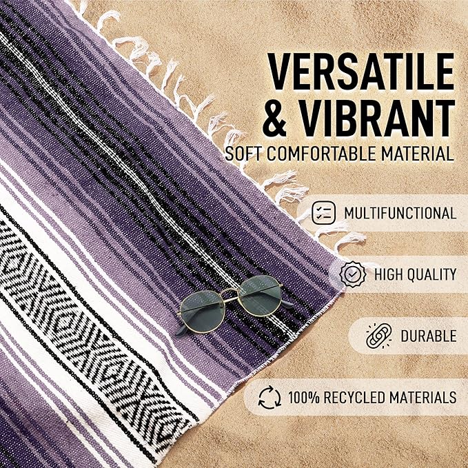 Hydration Nation Authentic Large Handwoven Mexican Blanket - Soft Yoga- Durable Serape- Lightweight Falsa Beach Camping Picnic Outdoor Blanket 70x50 - Lavender Jade