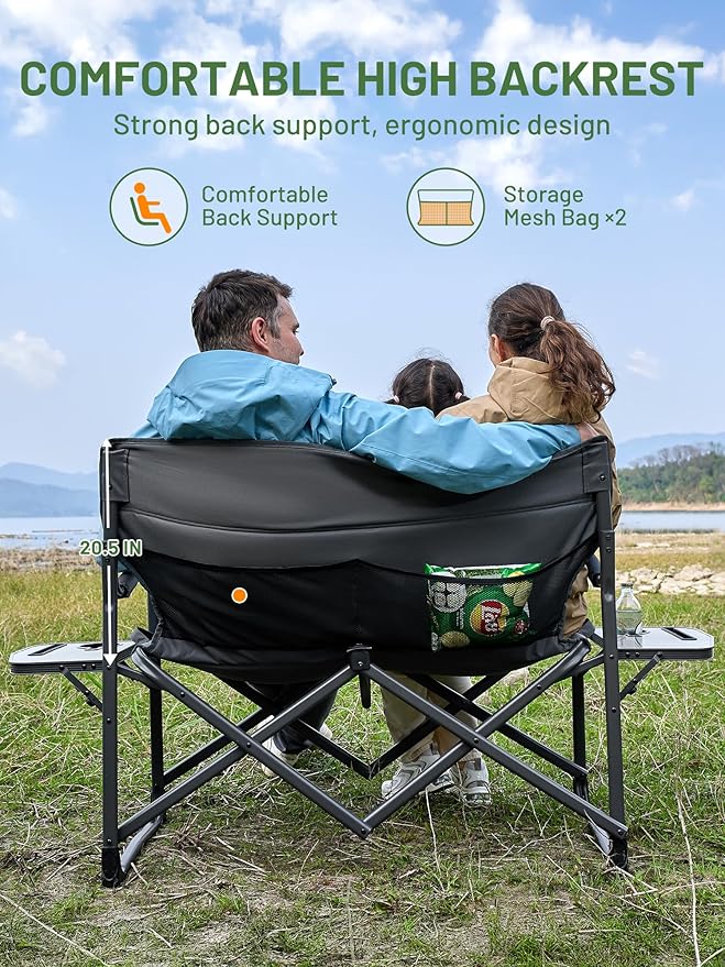 TIMBER RIDGE Double Camping Chair Portable Loveseat Heavy Duty Folding Camp Couch 2 Person Director Chairs with Cup Holder for Outdoor Lawn Tailgates Picnic Sports Soccer Games Supports 600 lbs Grey