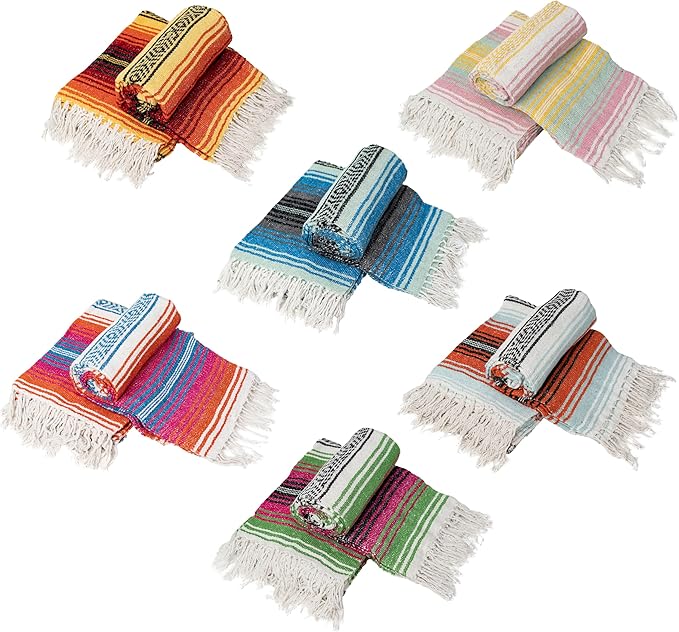 Cozumel Authentic Mexican Blankets (12-Pack) - 72x48 Woven in Mexico - Serape Throw Blanket for Yoga Studio Outdoor Picnic/Camping/Beach Saddle Blanket Bed/Home Decor (Assorted Brights)
