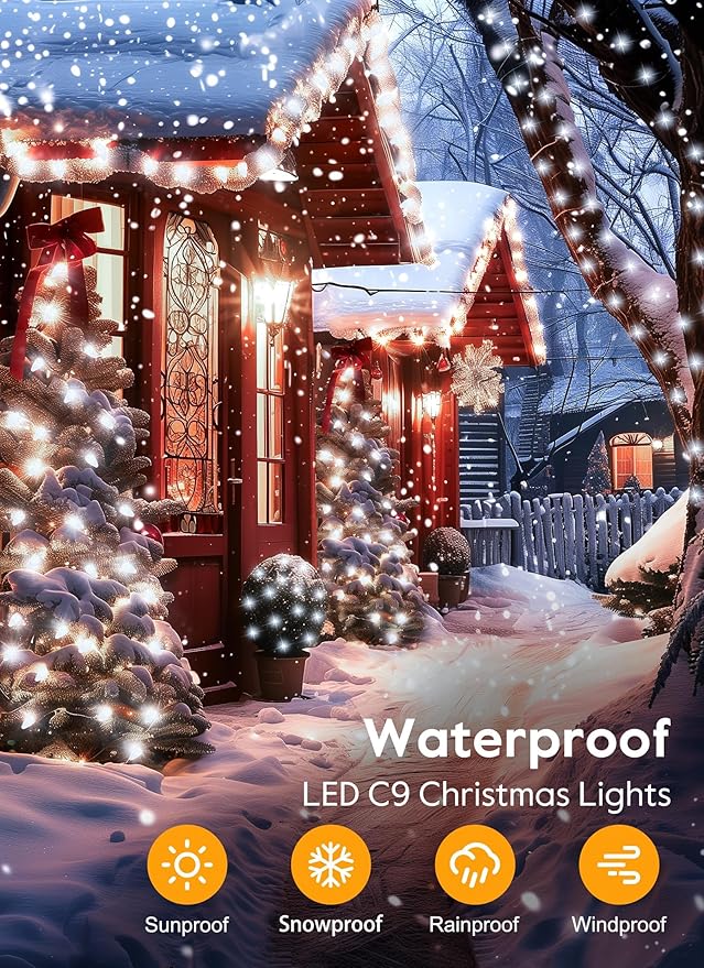 C9 Christmas Lights Outdoor 114 Feet 150 LED C9 String Light with Timer &amp 8 Light Modes Waterproof Commercial Grade Connectable Christmas Tree Lights for House Indoor Outside Roofline Pure Whit