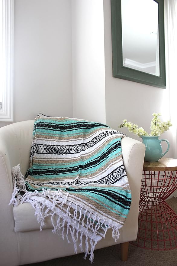 Del Mex Classic Mexican Blanket Large Authentic Woven Falsa Throw (70x50) Artisan Southwest Décor for Beach Yoga Outdoors (Mint/Tan)