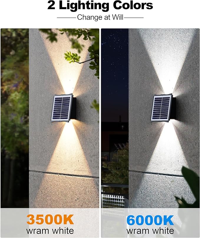 Solar Wall Lights Outdoor 6500K 3000K 4 Pack 1500mAh Wall Lights Solar Powered IP65 Outdoor Up and Down Solar Lighting for Wall