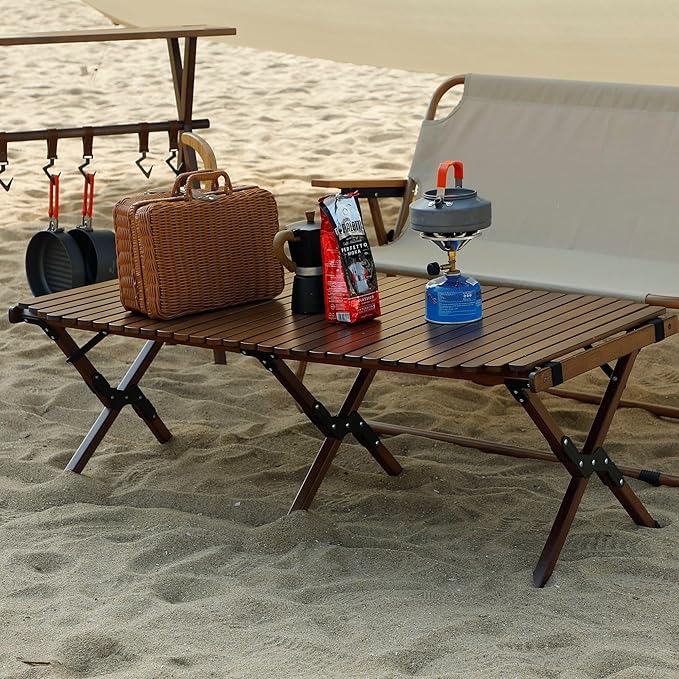 Folding Camping Table Beech Wood Portable Lightweight Roll-up Picnic Table with Carrying Bag for Outdoor Backyards BBQ Beach Party Patio(Walnut Rounded Edges &amp Big)