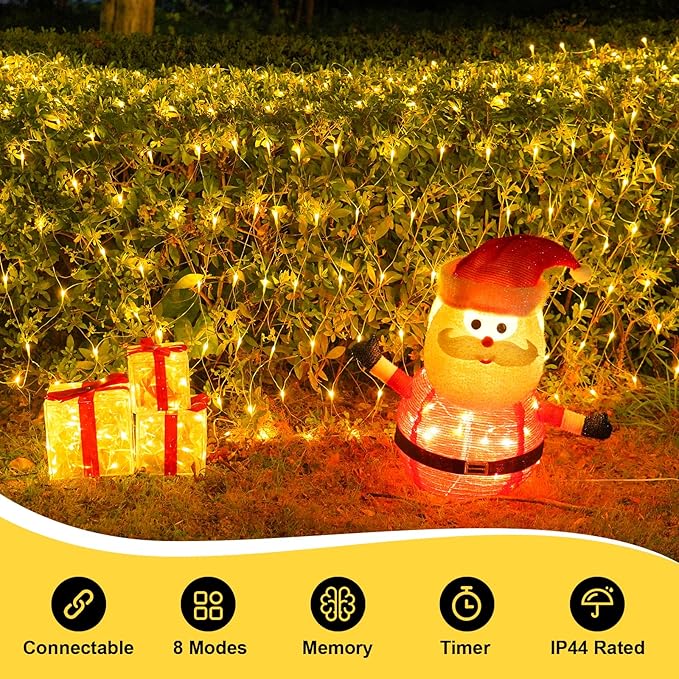 QITONG Net Lights Outdoor Mesh Lights 12ft x 5ft 360 LED Warm White Christmas Light with 8 Modes Connectable Clear Wire Bush Light Plug in