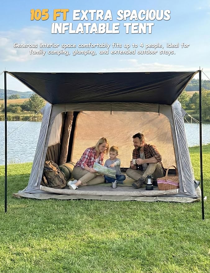 Inflatable Tents for Camping - Blackout Interior for Better Sleep Blow Up Tent with Hand Pump &amp Awning Quick Setup Waterproof Oxford Air Glamping Inflatable House for Camping Tent 4 Person