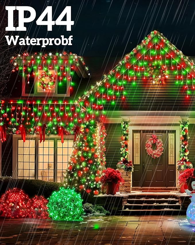 Solar Christmas Lights Outdoor 640LED 16Ft+60Ft Solar Icicle Lights Waterproof with 13 Modes Rechargeable for Outside Roof Fence Christmas Decorations