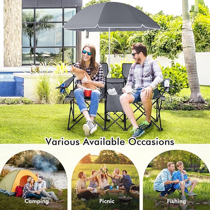 Double Camping Chair with Canopy Folding Camp Chairs w/Cup Holder Cooler &amp Carry Bag Table Side Pocket 2 Person Portable Beach Chair with Umbrella for Picnic Fishing (Grey)