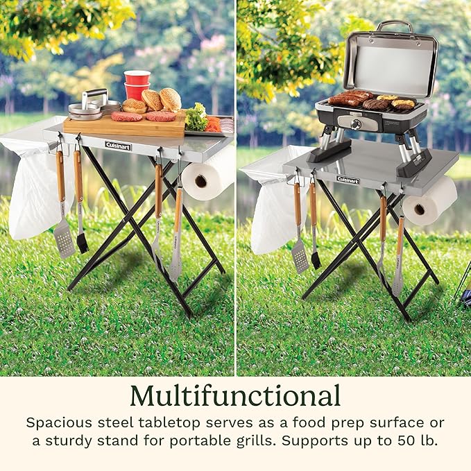Cuisinart Fold ‘n Go Prep Table Portable Folding Table and Grill Stand with Tool hooks Trash Bag Holder Paper Towel Rack 24” x 20” Steel Food Prep Station Perfect for BBQs Tailgates and Camping