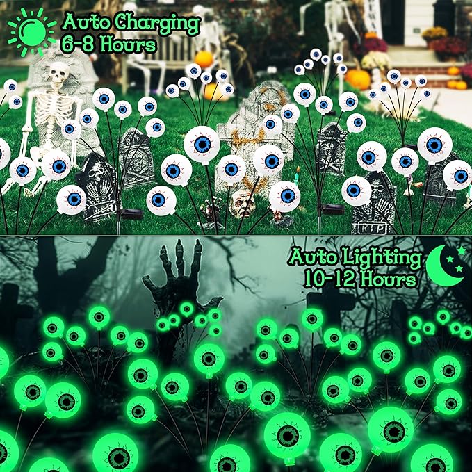 Halloween Decorations Outdoor 6 Pack 36 LED Solar Scary Eyeball Swaying Lights Green Solar Firefly Light Waterproof Outdoor Garden Lights for Halloween Yard Garden Lawn Party Flower Bed