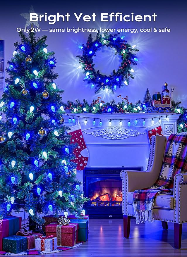 C9 Christmas Outdoor Lights 72 FT 110 LED C9 String Lights 8 Modes &amp Timer Extendable Waterproof for Christmas Tree Indoor Outdoor Roofline Patio Outside Garden Backyard Xmas Decor Blue White