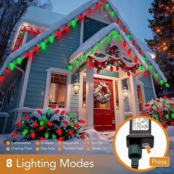 C9 LED Christmas Lights Outdoor33 Feet 50 LED 8 Lighting Modes Waterproof Connectable Christmas String Lights for Outside Roofline Patio Home Xmas Decorations (Red &amp Green)