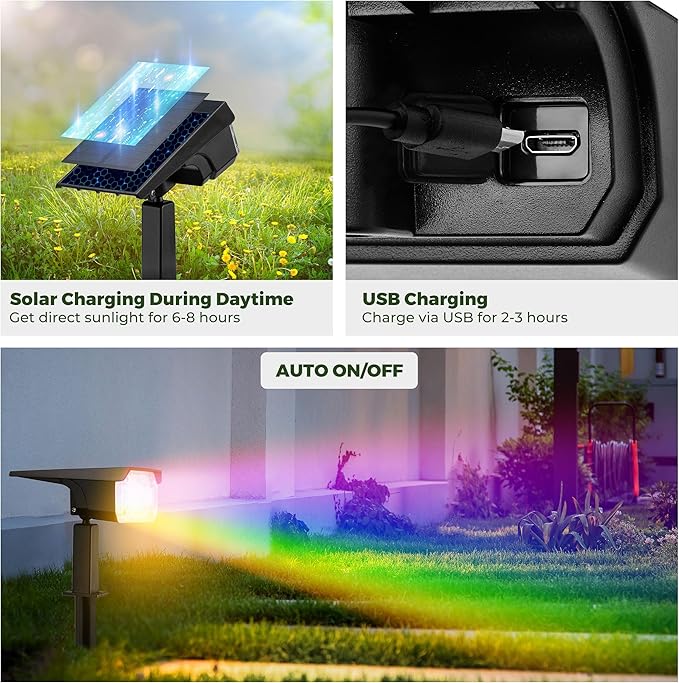 Kingsyard Solar Lights Outdoor Waterproof IP68 47 LEDs 3 Lighting Modes USB &amp Solar Powered Garden Yard Pathway Spot Lights for Outside Landscape Auto On/Off 4 Pack(Cool White)