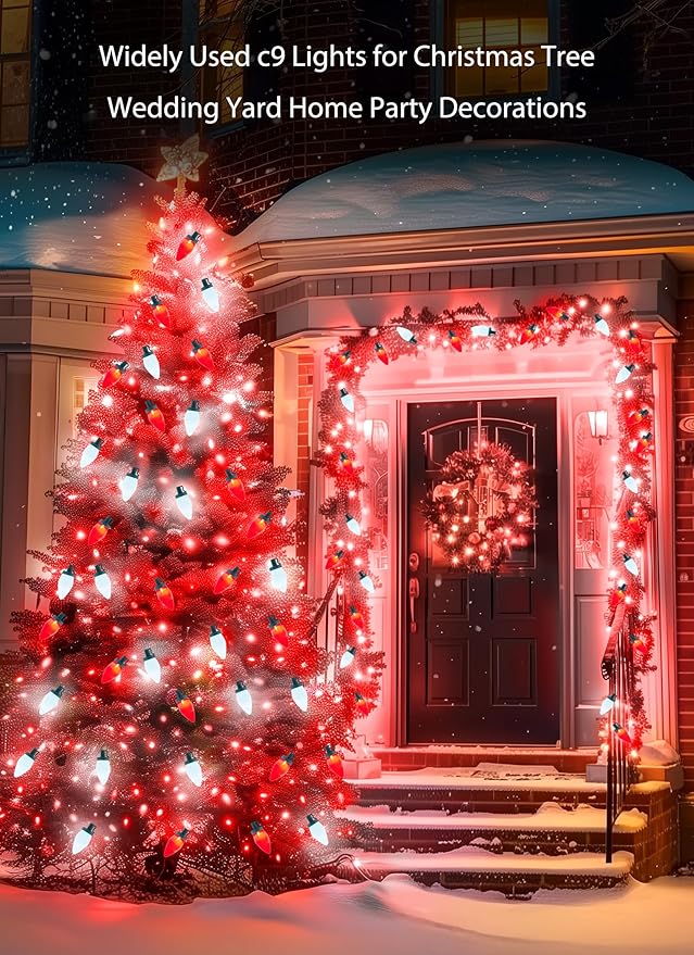 Moonflor C9 LED Christmas Lights Outdoor 100ft Feet 100 LED Strawberry String Lights with 50 Spring Clamps Waterproof Commercial Grade Extendable for Indoor OutdoorRed and Pure White