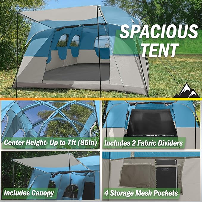 10-12 Person Large Camping Tent – Tall Family Cabin Outdoor Shelter with Room Divider Mesh Windows Water-Resistant Rainfly and Carry Bag for Camping and Outdoor Adventures – Wakeman Outdoors