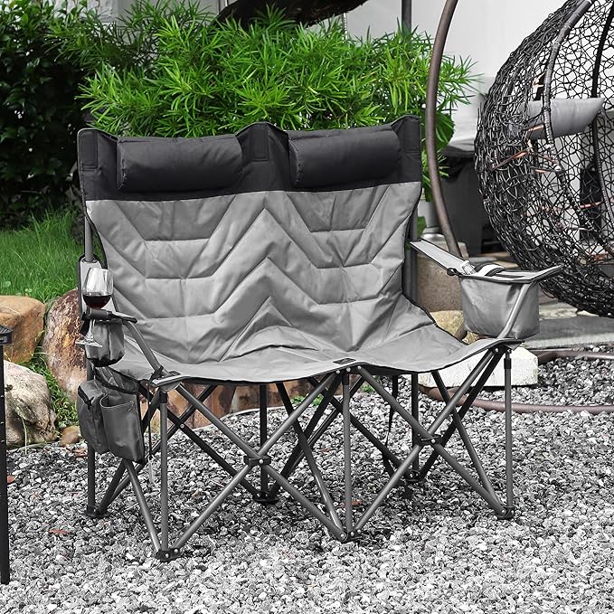 Heavy Duty Oversized Camping Chair for 2 Person Padded Loveseat Chair with High Back Support &amp Headrest 700 LBS Support for Adult Outdoor Folding Chair for Beach Fishing Backyard