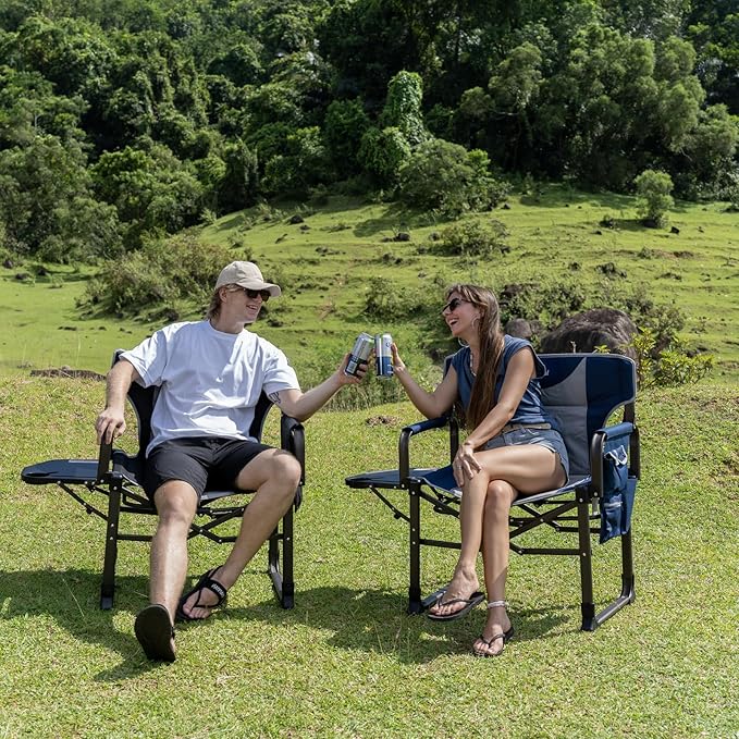 SUNNYFEEL Oversized Camping Directors Chair Black Portable Folding Chair for Adults Support 600lbs with Side Pocket and Side Table for Beach Fishing Trip Picnic Lawn Outdoor Foldable Camp Chairs
