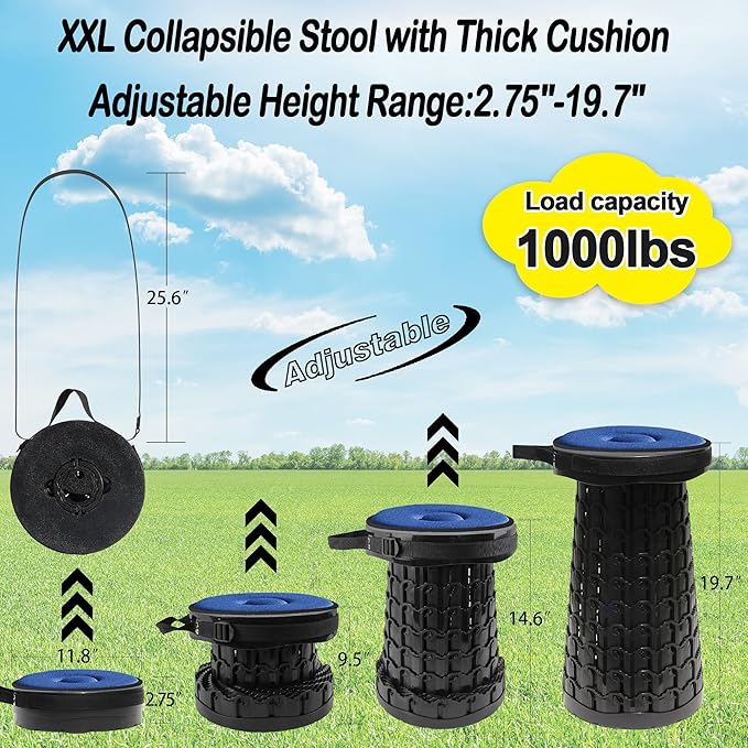 ALEVMOOM 2026 Upgraded XXL 19.7 Collapsible Stool with Cushion 1000lbs Max Weight Heavy Duty Portable Telescoping Stool Retractable Seat Folding Chair for Camping Fishing Hiking(Black-XXL)