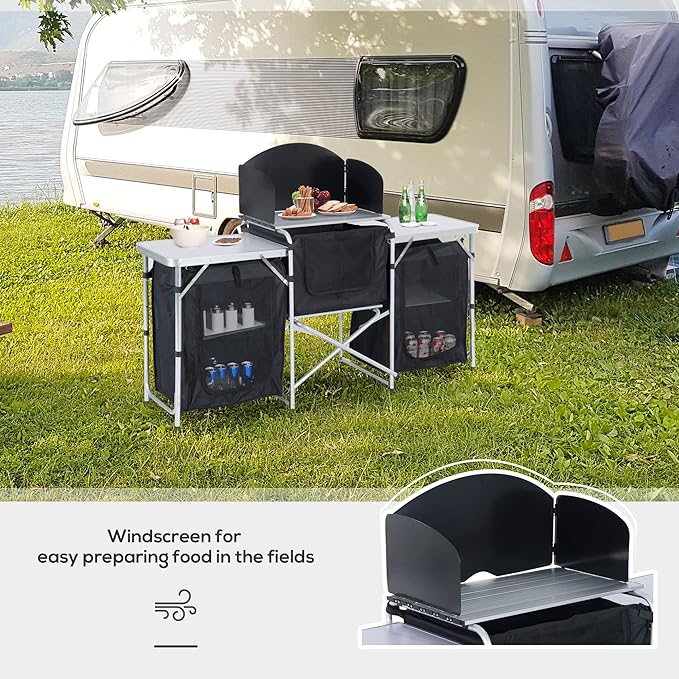 Aluminum Portable Camping Kitchen Fold Up Cooking Table with Windscreen and 3 Enclosed Cupboards for BBQ Party Picnics Backyards