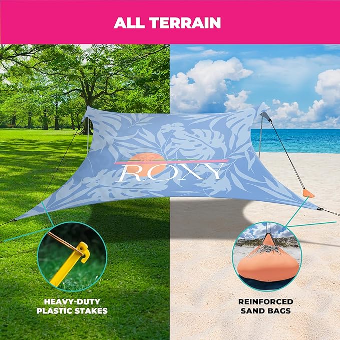 Roxy Portable Beach Shelter – UPF 50+ Sun Protection Tent with Sandbag Anchors &amp Ventilation Lightweight &amp Waterproof for Beach Camping or Outdoor Use – Fits 4-6 People