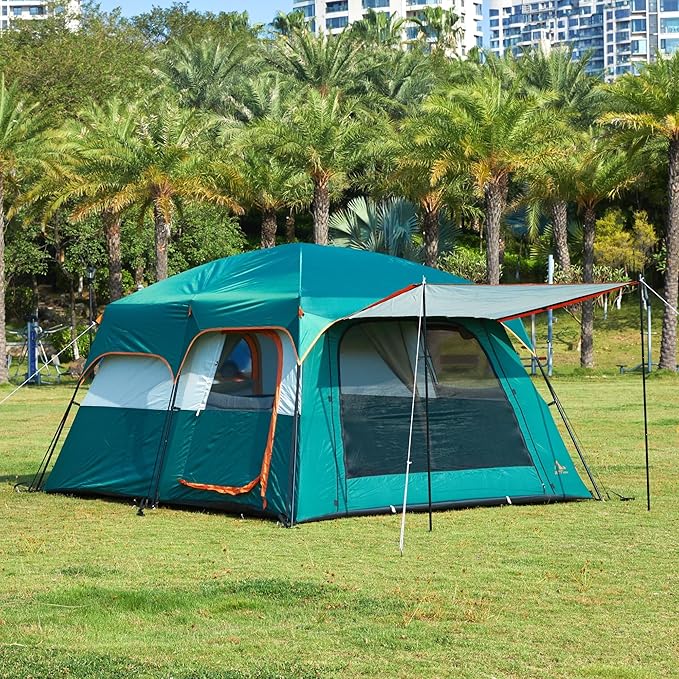 KTT Large Tent 8-10-12 PersonFamily Cabin Tents2 Rooms2 Doors and 4 Windows with MeshStraight WallWaterproofDouble LayerBig Tents for OutdoorPicnicCampingFamily Gathering