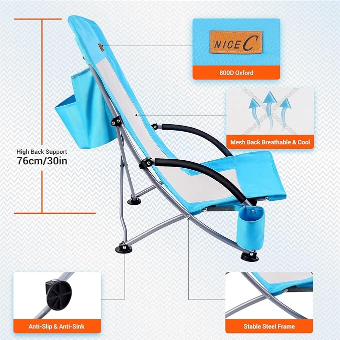 Nice C Compact High Back Beach Chair for Adults w/ Cooler Cup Holder &amp Carry Bag - Heavy Duty for Outdoor Camping BBQ Travel Picnic Festival (One Blue)