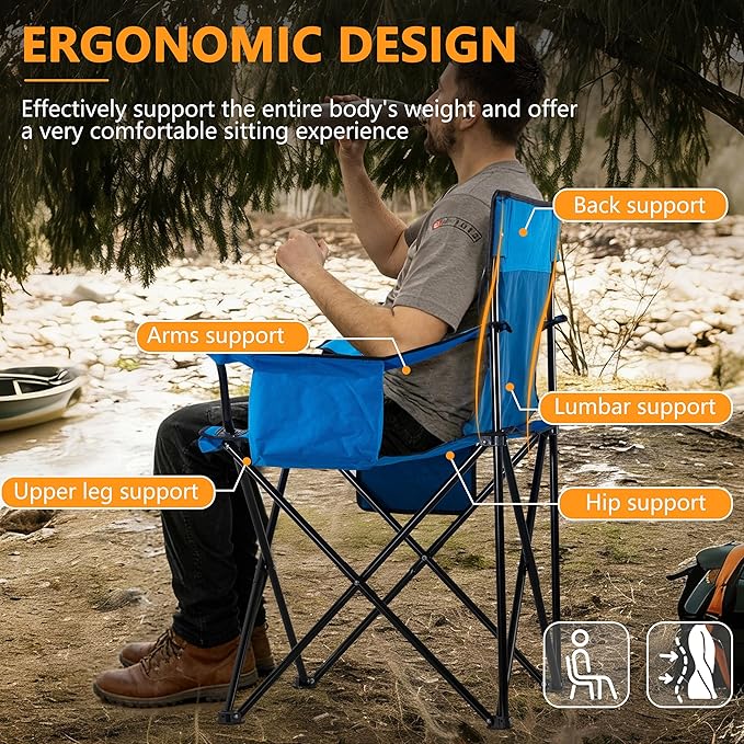 HaSteeL Camping Chair for Adults 2Pcs Large Folding Beach Chairs with Carrying Bag Portable for Outdoor Patio Picnic Lawn Hiking Fishing Travel Cooler/Cup Holder/Storage Pocket (Blue)