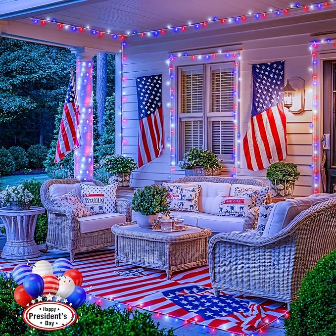 JMEXSUSS 2 Pack Red White and Blue Lights Outdoor 33ft 100 LED 4th of July Lights Battery Operated 8 Modes Patriotic Decorations for Indoor Outside Independence Day American Flag Holiday