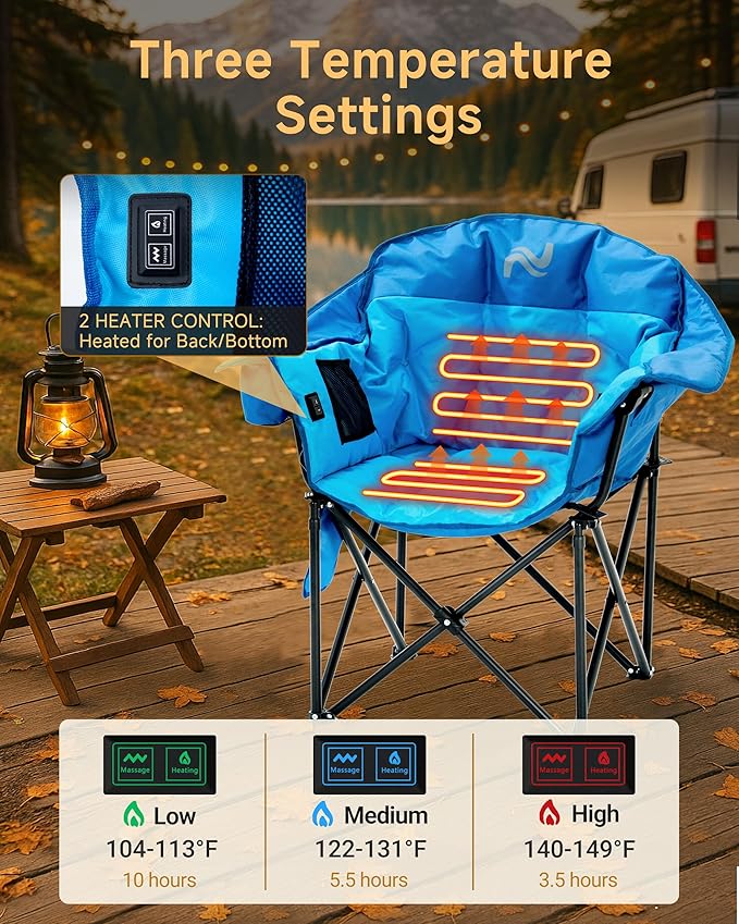 Slsy Oversized Heated Massage Camping Chair with Armrests Portable Padded Folding Chair Heavy-Duty 500 lbs Support for Camping Tailgating &amp Outdoor Relaxation (Marine Blue)