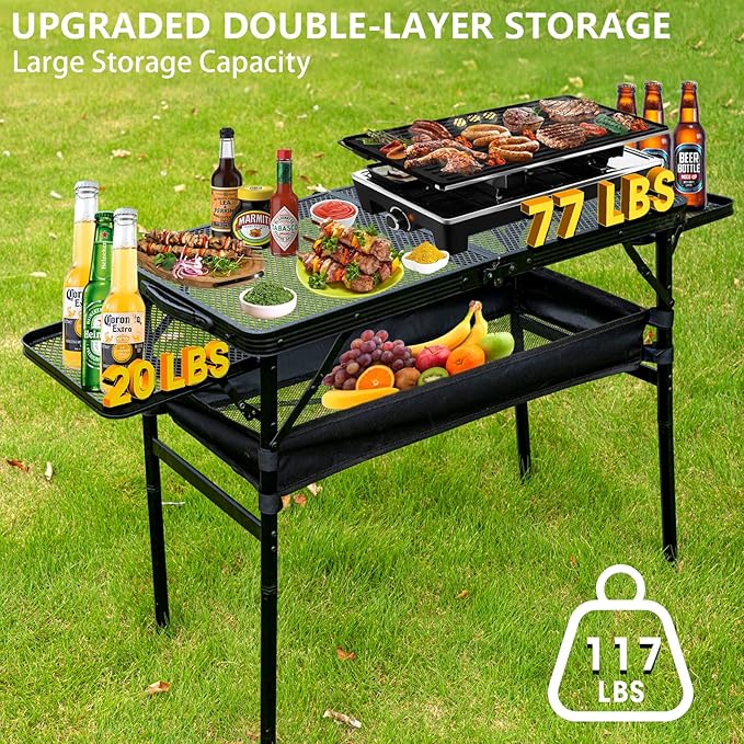 Portable Folding Grill Table Lightweight Height AdjustableCamping Picnic Table with Mesh Desktop and Mesh Bag for Outdoor for PicnicCampingBBQBeach (3.8 * 1.3FT)