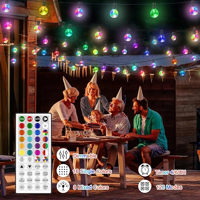 LED Outdoor String Lights 30FT Connectable G40 Patio Light Outdoor Waterproof with 30 LED Bulbs RGB Color Changing Cafe Decorative Lights with Remote for Outside Camping Gazebo Party Balcony Decor