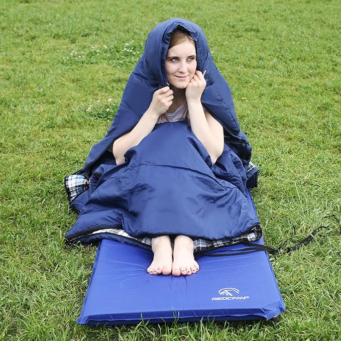 REDCAMP Flannel Sleeping Bag for Adults Comfortable Cotton Sleeping Bags for Camping with Detachable Hood Red/Grey/Blue/Black