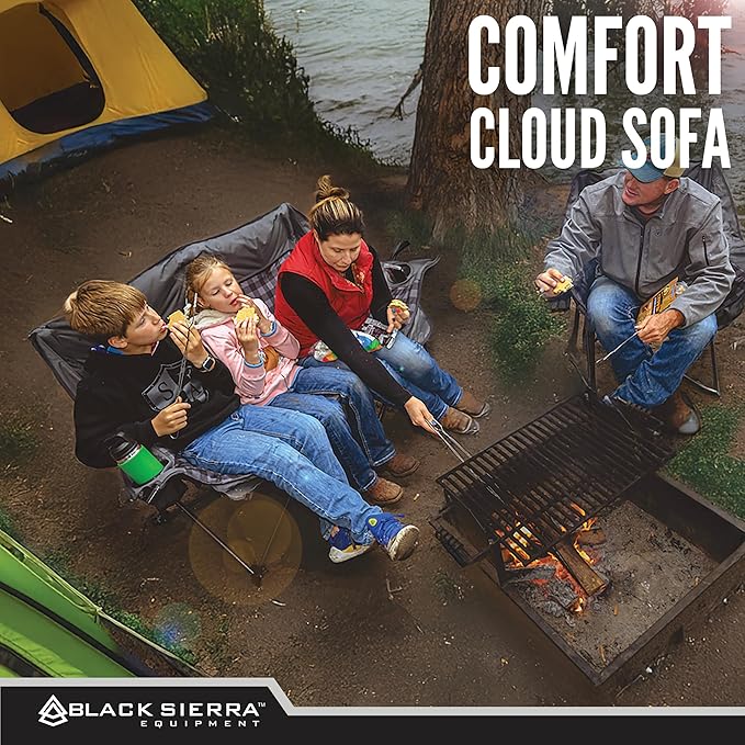 Black Sierra Double Camping Chair for Adults Oversized Folding Loveseat Supports 600 lbs Plush Padded Outdoor Couch with Cup Holders and Carry Bag for Beach Patio RV or Tailgating Events