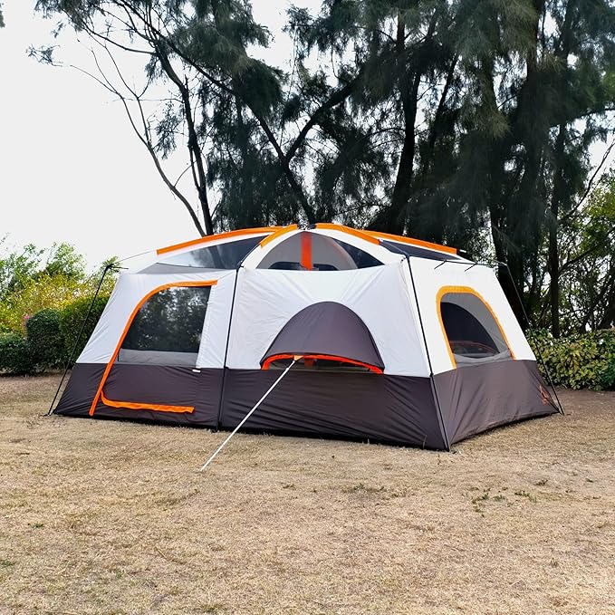 KTT Extra Large Tent 10-12-14 Person(A)Family Cabin Tents2 Rooms3 Doors and 3 Windows with MeshStraight WallWaterproofDouble LayerBig Tent for OutdoorPicnicCampingFamily Gathering