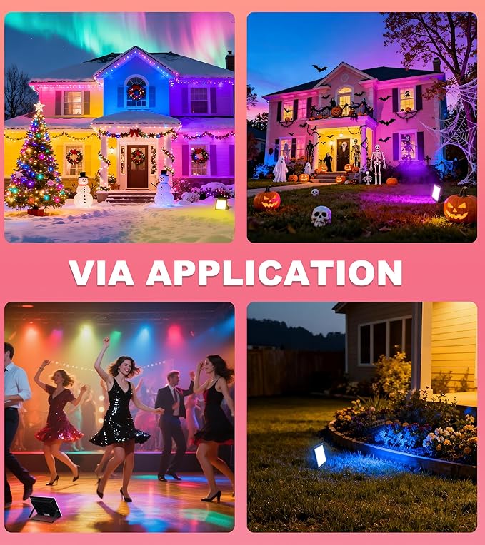 100W LED Flood Light with Remote &amp 6.6Ft Cable Christmas Floodlight RGB IP66 Waterproof Color Changing 5000K White Daylight Timing Waterproof Landscape Light Outdoor Uplight for Event 4 Pack