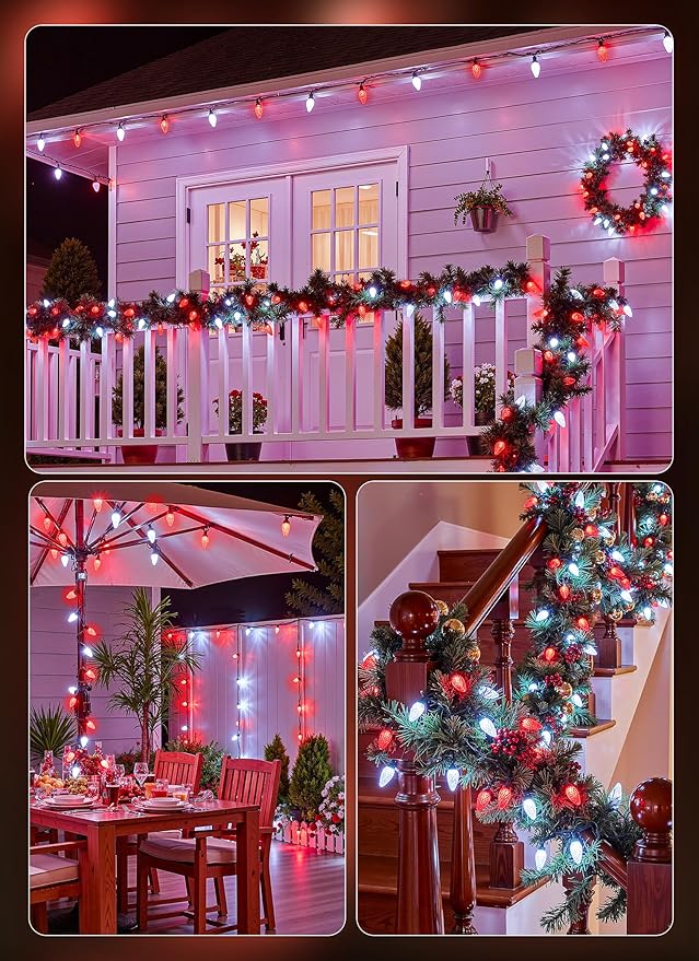 C9 Outdoor Christmas Lights 72 FT 110 LED C9 String Lights 8 Modes &amp Timer Extendable Waterproof for Christmas Tree Indoor Outdoor Roofline Patio Outside Garden Backyard Xmas Decor Red White 2