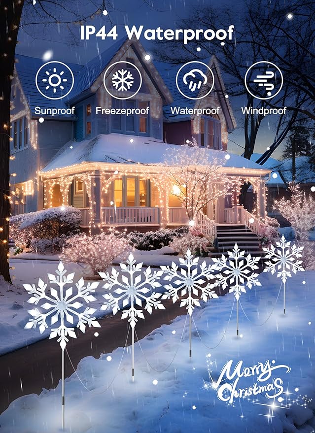 Brightown Snowflake Lights Outdoor 2 Sets Total 20 Large Snowflake Christmas Pathway Lights Christmas Decorations Outside Yard Sidewalk Walkway Driveway Marker Stake White