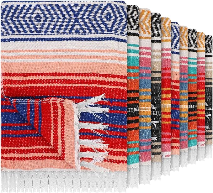 Haull 10 Pcs Large Mexican Blankets Bulk 51 x 71 Mexican Serape Blankets Yoga Authentic Throw Colorful Striped Falsa with Fringed for Outdoor Car Travel Camping Beach Picnic Patio Mat Towel