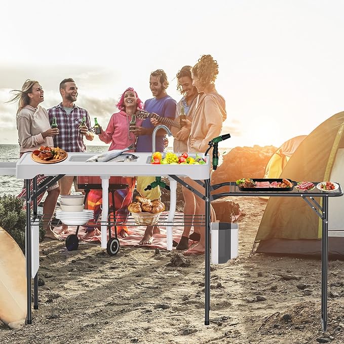Dragosum Fish Cleaning Table Portable Folding Camping Table with Folding Grill Extension Board Fish Cleaning Station with Dual Sinks Hose Hook Up