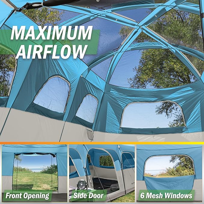 10-12 Person Large Camping Tent – Tall Family Cabin Outdoor Shelter with Room Divider Mesh Windows Water-Resistant Rainfly and Carry Bag for Camping and Outdoor Adventures – Wakeman Outdoors