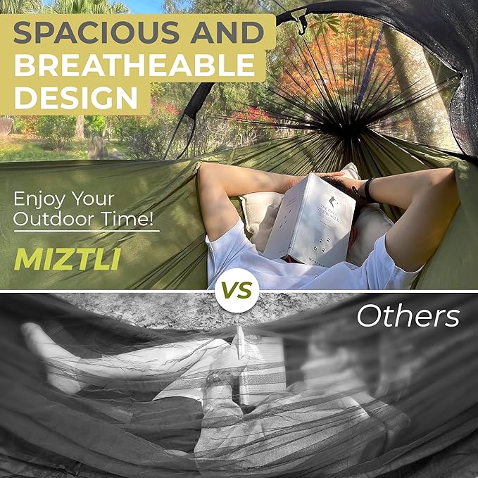 Miztli Camping Hammock -Portable Hammock w/Spacious Net &amp Tree Straps w/Adjustable Loops Double and Single Hammock for Outdoor Indoor Hiking and Travel