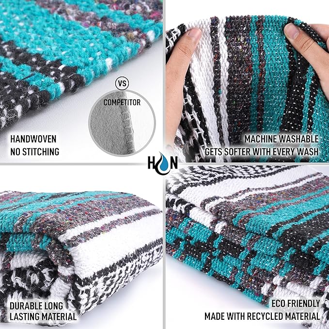 Authentic Extra Large Mexican Blanket - 70x50 Handwoven Yoga Serape Artisanal Falsa Beach Camping Picnic Outdoor Blanket (Emerald)