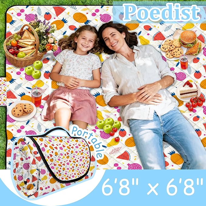 Poedist Extra Large Picnic Blanket Waterproof80x 80Foldable Machine Washable Beach BlanketOutdoor Blanket for 6-8 AdultsSuitable for Indoor CrawlingPark BeachCampingHikingFamily Travel(Fruit