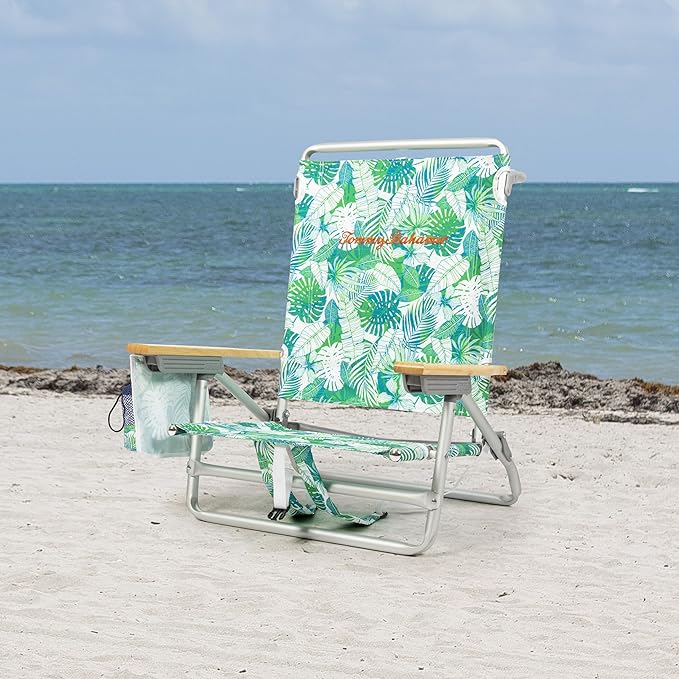 Tommy Bahama 5-Position Classic Lay Flat Backpack Beach Chair with Cooler and Cup Holder Portable Folding Beach Chair for Tanning Tropical Leaves